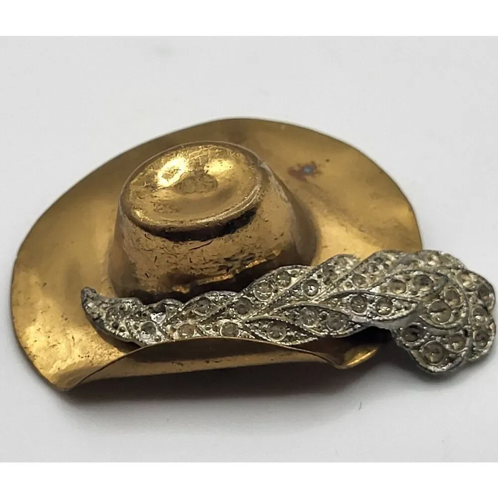 Vintage Brass HAT BROOCH has Metal Stylized Feather 2in